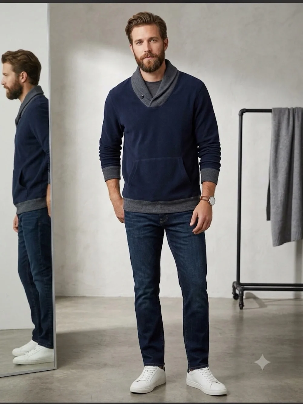J.Crew navy blue shawl collar pullover sweater kangaroo pocket medium.